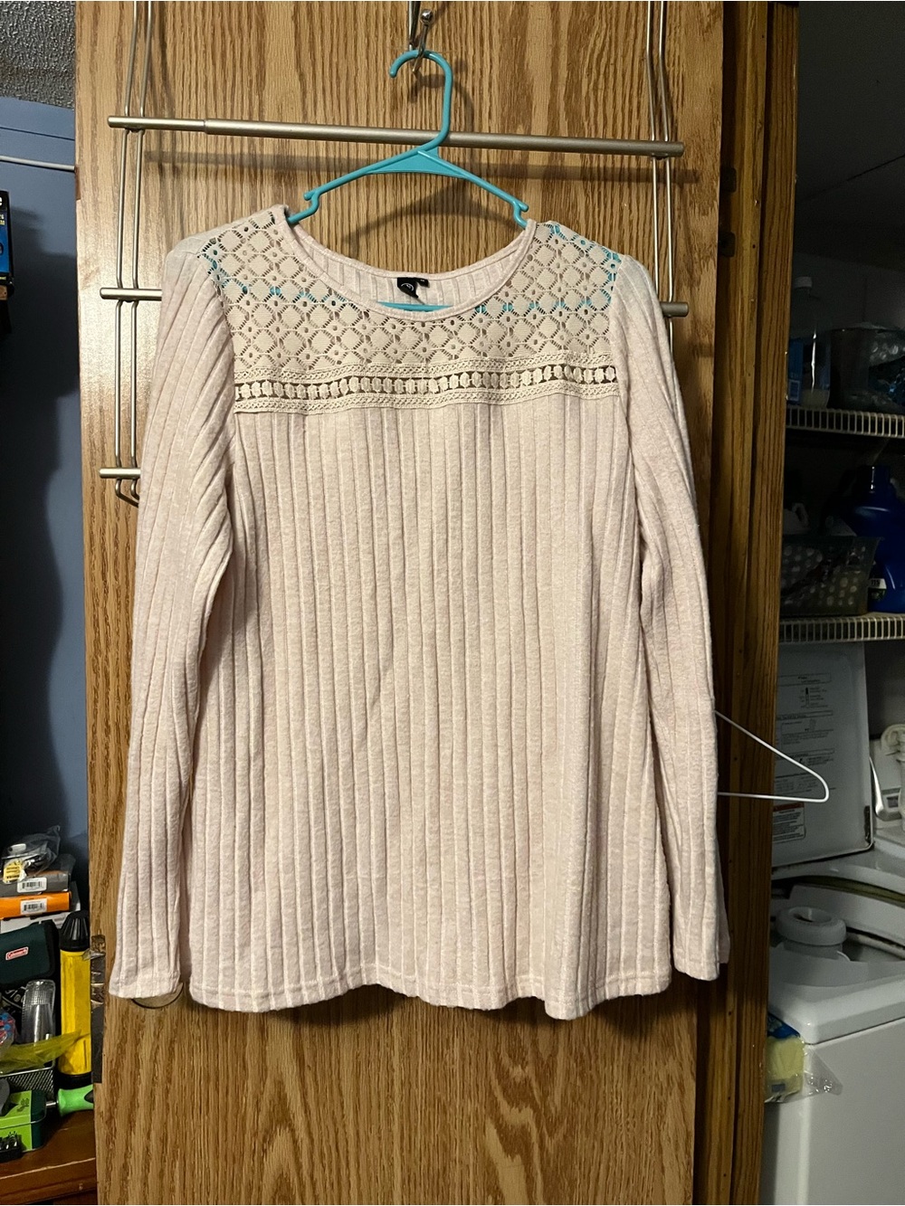 Women's Cream Ribbed Long-Sleeve Sweater with Crochet Yoke